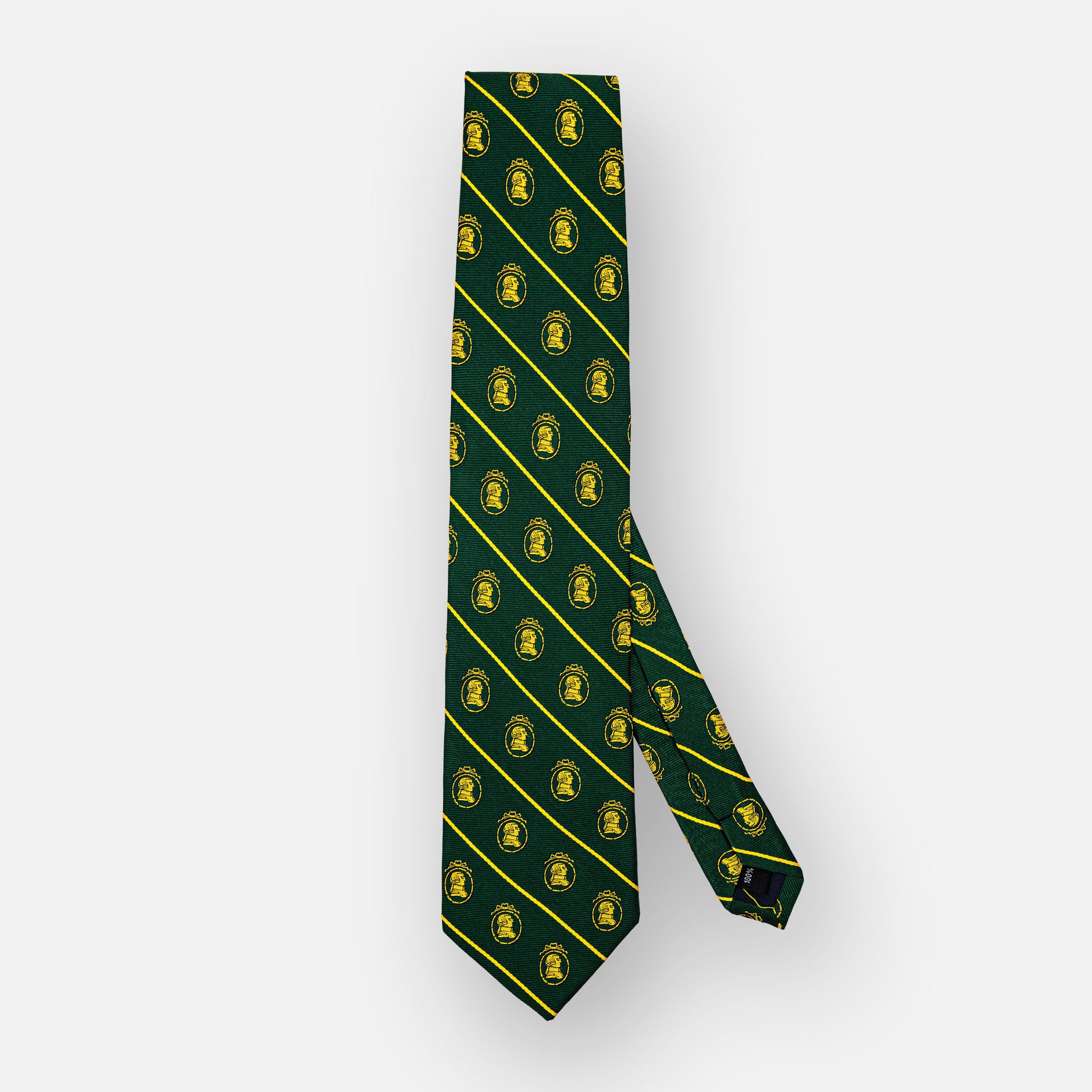 Green silk tie with thin gold stripes and gold portrait.
