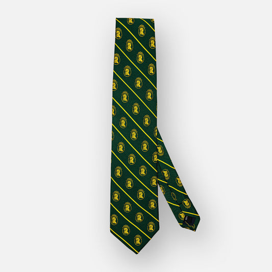 Green silk tie with thin gold stripes and gold portrait.