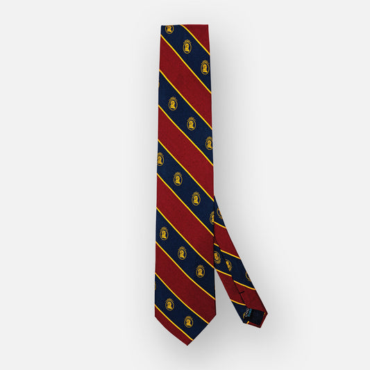 Silk tie with bold navy and red stripes and gold portrait.
