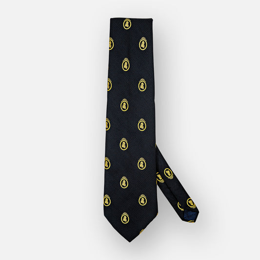 Black polyester tie with repeating gold portrait medallions.