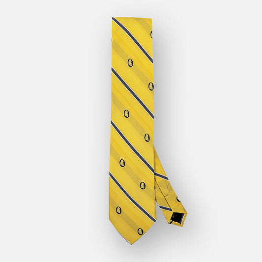 Yellow silk tie with thin blue stripes and blue portrait.