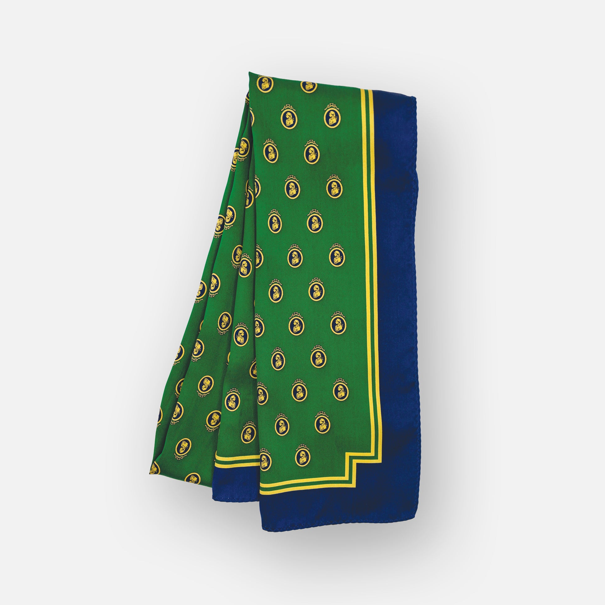 Green and blue scarf with a pattern on a white background
