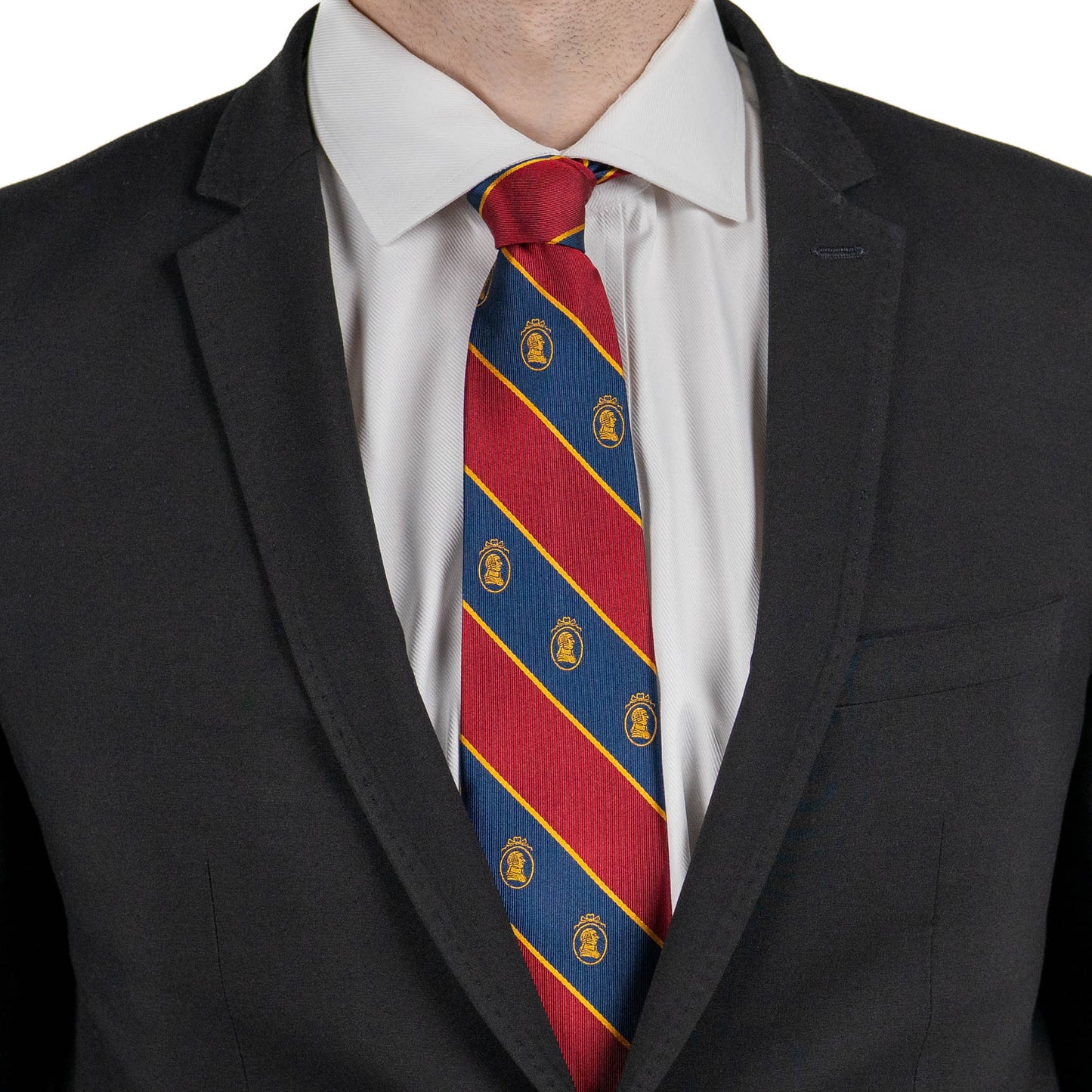 Person wearing a black suit with a red and blue striped tie featuring gold logos.